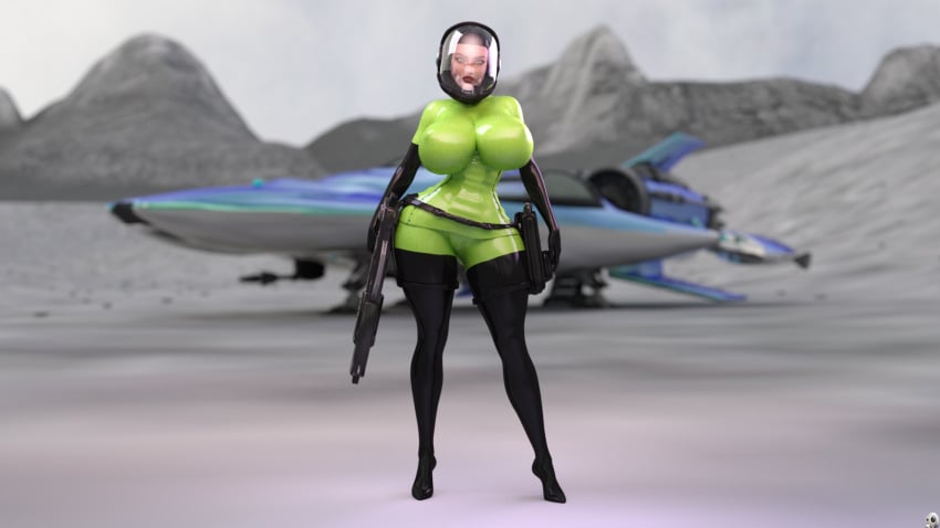 1girls 3d belt big_breasts black_gloves bodysuit busty cleavage curvy detailed_background elbow_gloves english_text erect_nipple erect_nipples eyelashes female female_only front_view gloves gray_eyes helmet high_heel_boots high_heels holding_object hourglass_figure human hyper_space_girl looking_at_viewer nipple_bulge outdoor outside pose posing solo spread_legs spreading standing voluptuous weapon wide_hips xskullheadx