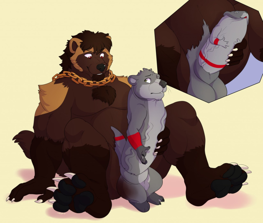 4_fingers 5_fingers anthro brown_fur chain_necklace chains cock_transformation duo furry green_eyes grey_fur jazzotter male mammal merging mustelid otter penis penis_transformation red_eyes shadowpelt simple_background transformation white_background yaoi