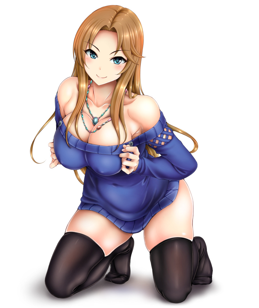 armpit_crease bangs bare_shoulders black_legwear blue_eyes blue_sweater blush breast_squeeze breasts brown_hair cleavage closed_mouth collarbone covered_navel covered_nipples dress female fine_fabric_emphasis full_body head_tilt highres idolmaster idolmaster_cinderella_girls jewelry kneeling large_breasts leaning_forward long_hair long_sleeves looking_at_viewer matsumoto_sarina necklace no_shoes off-shoulder_sweater otone parted_bangs shadow sidelocks simple_background skindentation smile solo sweater sweater_dress thighhighs thighs white_background