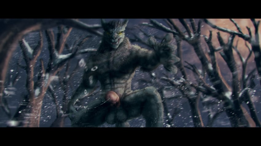 2018 5_fingers abs anthro anthro_only ball_tuft balls biped black_claws black_eyes black_fur blizzard_(weather) blurred_background blurred_foreground body_hair canine chest_hair claws dripping erection falcrus first_person_view forest fur furry glans glowing glowing_eyes grey_balls grey_fur grin happy_trail head_tuft hi_res humanoid_penis letterbox licking licking_lips looking_at_viewer looking_down male male_only mammal neck_tuft night no_humans nude outside penis penis_towards_viewer pink_penis pink_tongue precum precum_drip sharp_claws sharp_teeth smile snow snowing solo standing teeth tongue tongue_out tree tuft watermark were werewolf yellow_sclera