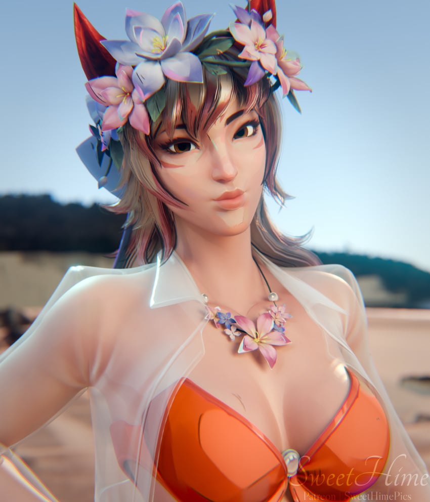 1girls 3d ami_han beach brown_eyes cleavage flower flower_in_hair hair_ornament hair_ribbon light_brown_hair long_hair marvel marvel_rivals medium_breasts necklace pink_highlights see-through see-through_clothes see-through_clothing see-through_shirt shy_smile smile solo summer sweethime swimsuit white_fox_(coastal_kumiho) white_fox_(marvel) white_fox_(marvel_rivals)