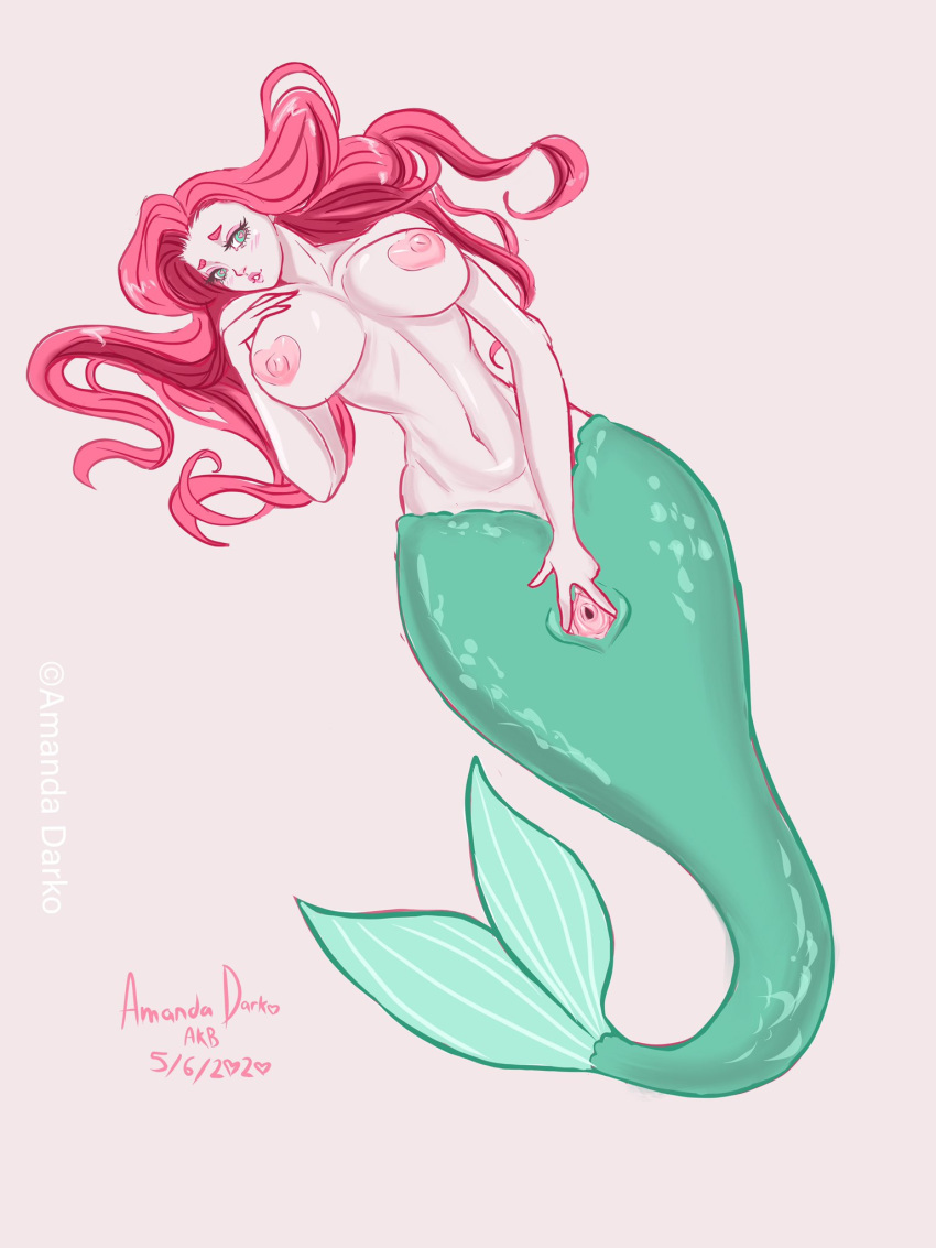 1girls amandadarko areolae ariel big_breasts breasts disney female female_only long_hair mermaid nipples pink_background presenting presenting_pussy pussy red_hair simple_background solo spread_pussy the_little_mermaid wide_hips