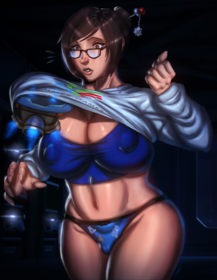 assisted_exposure big_breasts breasts cameltoe chubby cleavage curvy female glasses large_breasts mei_(overwatch) overwatch panties shirt_lift snowball_(overwatch) thick_thighs ultamisia wide_hips