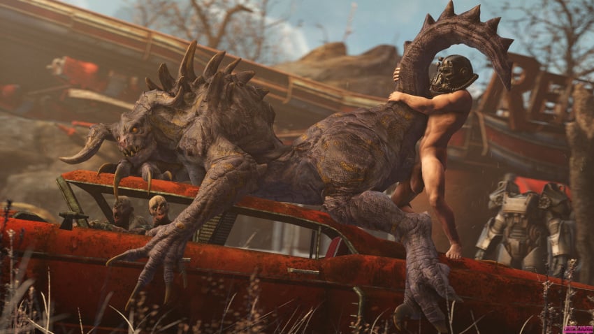 1boy 1girls 3_toes 3d 5_fingers abs ambiguous_gender animal_genitalia anthro armor being_watched big_testicles breasts brown_skin car claws cloaca cloacal_penetration creepychimera deathclaw doggy_style duo_focus fallout female female_deathclaw from_behind from_behind_position group helmet horns huge_ass human interspecies male male_human/female_anthro male_human/female_monster male_on_feral mammal monster muscular muscular_male non-mammal_breasts nude orange_eyes outdoors penetration penis scalie sex smile source_filmmaker source_request spikes standing tail tail_grab teeth testicles thick_thighs video_games wide_hips zombie