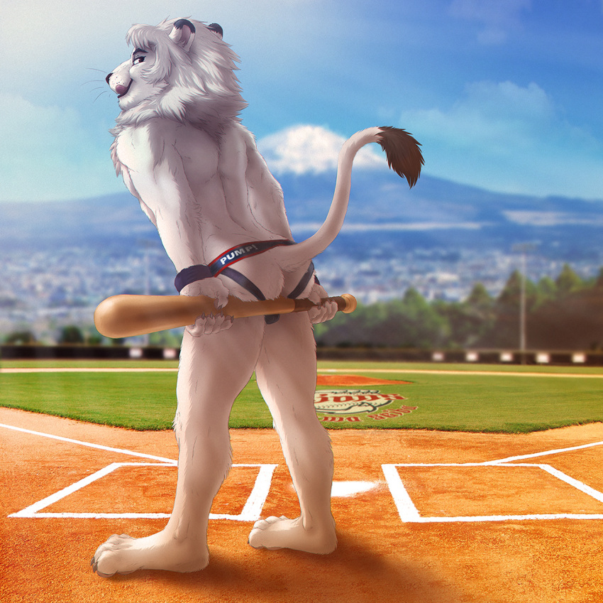 ass backsack balls baseball_bat bat_(object) clothing felid hi_res jockstrap leo_(saitama_seibu_lions) lion male male_only mammal mascot nippon_professional_baseball outside pantherine public saitama_seibu_lions solo underwear zen