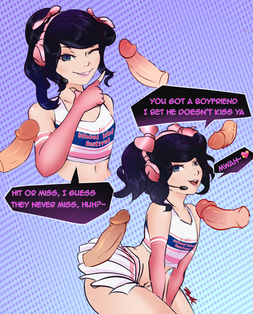 1girls 5boys ? abstract_background ass big_penis black_hair blue_eyes cheerleader cheerleader_uniform clothes_writing cosplay cowboy_shot crop_top dialogue disembodied_penis elbow_gloves english_text eyelashes female female_focus fingerless_gloves flat_chest gesture gloves hairbow headgear headset heart highres hit_or_miss human lipstick looking_at_viewer meme midriff multiple_penises navel nyannyancosplay penis pink_lipstick pleated_skirt rak shirt signature singing skirt smile solo_focus speech_bubble surrounded text tiktok twintails upper_body wink