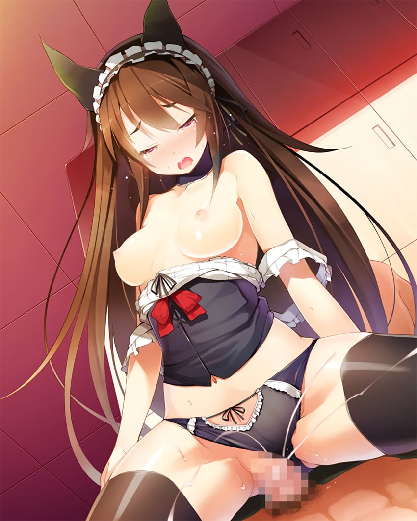 1boy bare_shoulders breasts brown_hair censored choker cowgirl_position cum cum_in_pussy daibouken!_yukeyuke_osawari_island eyebrows_visible_through_hair female locker locker_room long_hair maid navel nipples open_mouth panties panties_aside purple_eyes tagme tears thighhighs underwear