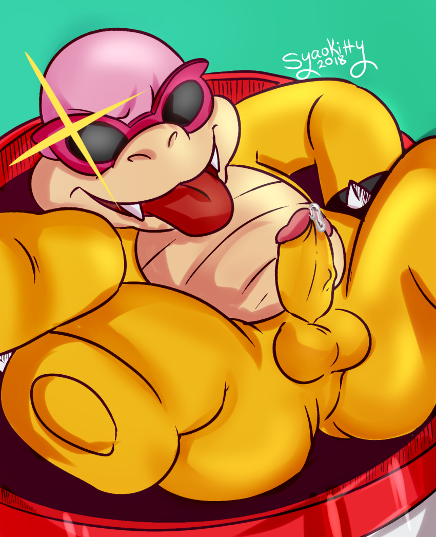 1boy anthro ass bald balls barefoot claws cum cum_on_penis erection eyewear fangs glasses humanoid_penis koopa koopaling koopalings looking_at_viewer lying male male_only mario_(series) nintendo nude on_back open_mouth orgasm paws penis presenting presenting_hindquarters presenting_penis raised_leg roy_koopa scalie sharp_claws sharp_teeth smile solo spikes spread_legs spreading syaokitty teeth toe_claws tongue tongue_out video_games