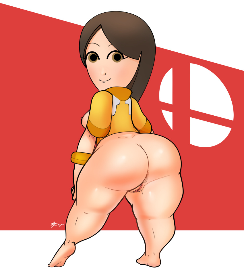 1girls ass barefoot bottomless brown_hair butt dat_ass female female_only jacket kjdnsfw mii mii_gunner mii_gunner_(smash_ultimate) mob_face nintendo shortstack solo super_smash_bros. super_smash_bros._ultimate thick_thighs