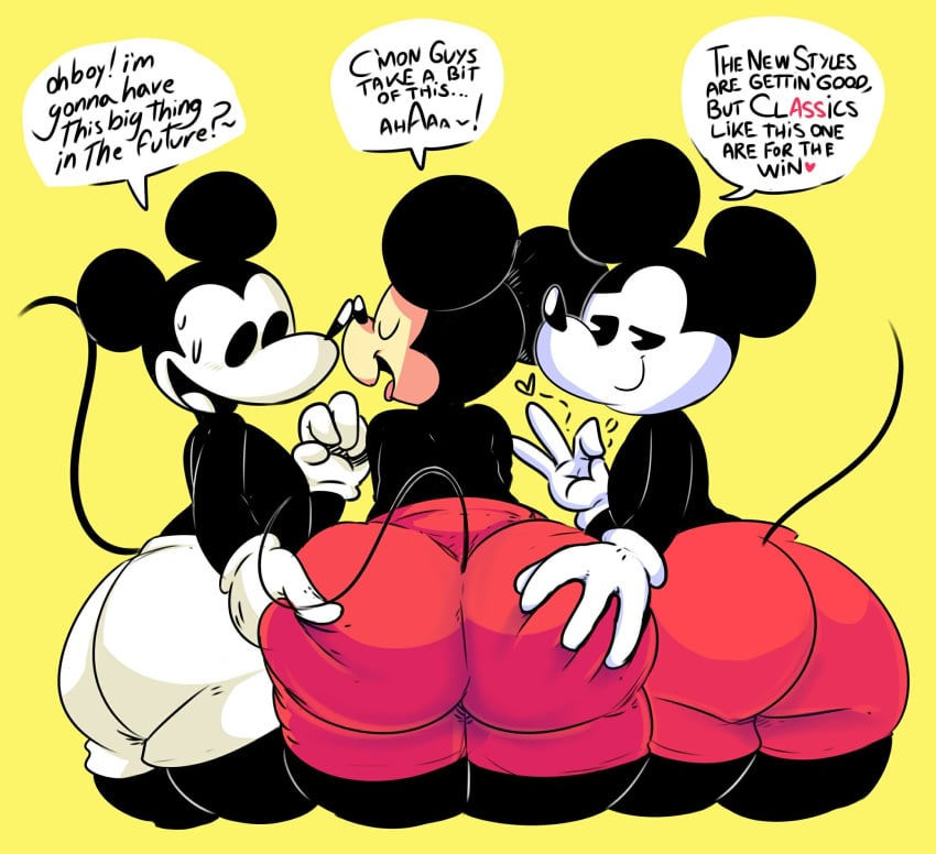 3boys 4_fingers anthro ass beige_skin big_butt black_fur butt butt_grab butt_squeeze closed_eyes clothed clothing dialogue disney elchilenito english_text femboy fur gay gloves grope group hand_on_butt heart hi_res light_skin male male_only mammal mickey_mouse mouse open_mouth pale_skin presenting presenting_hindquarters rodent selfcest shorts simple_background smile speech_bubble square_crossover steamboat_willie sweat text thiccey_mouse topless white_skin yaoi yellow_background