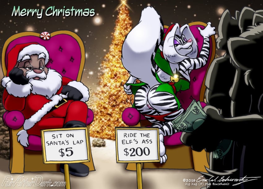 2016 ass christmas clothing duo_focus eric_schwartz feline female furafterdark group holidays imminent_sex male mammal mephitid money pantherine presenting presenting_pussy pussy sabrina_online santa_claus sitting skunk stripes tiger tree underwear zig_zag