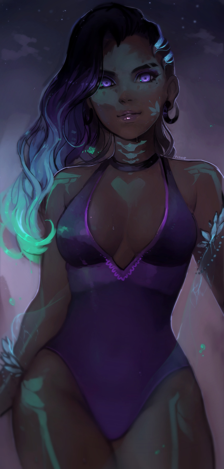 1girls bodypaint dark-skinned_female female female_only fiship looking_at_viewer mar_sombra matilda_fiship night one-piece_swimsuit overwatch overwatch_2 solo sombra tagme