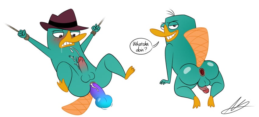 anal anal_sex anus balls blush bound cum gaping gaping_anus hi_res humanoid_penis male male_only mammal monotreme penetration penis perry_the_platypus phineas_and_ferb platypus raymondfoxxx solo