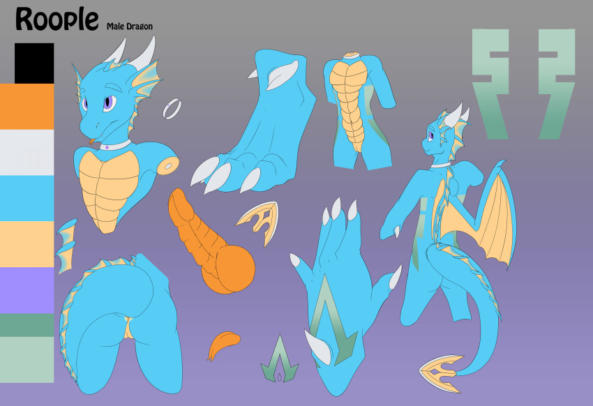 absurd_res anthro anus ass choker claws digitigrade dragon fangs fin frill goina hi_res horn knot male markings model_sheet nude penis purple_eyes ridged_penis roople scalie solo spikes tail_blade tongue underbelly western_dragon wing_membranes wings