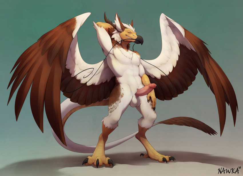 2018 abs anthro avery_(ozawk) avian balls beak bird brown_feathers claws dragon eastern_dragon egyptian_vulture erection feathered_wings feathers full-length_portrait full_length hi_res humanoid_penis hybrid looking_at_viewer male male_only muscular muscular_male nawka nude pecs penis pose precum presenting signature simple_background smile solo standing tail_tuft talons tuft vulture white_balls white_feathers wings