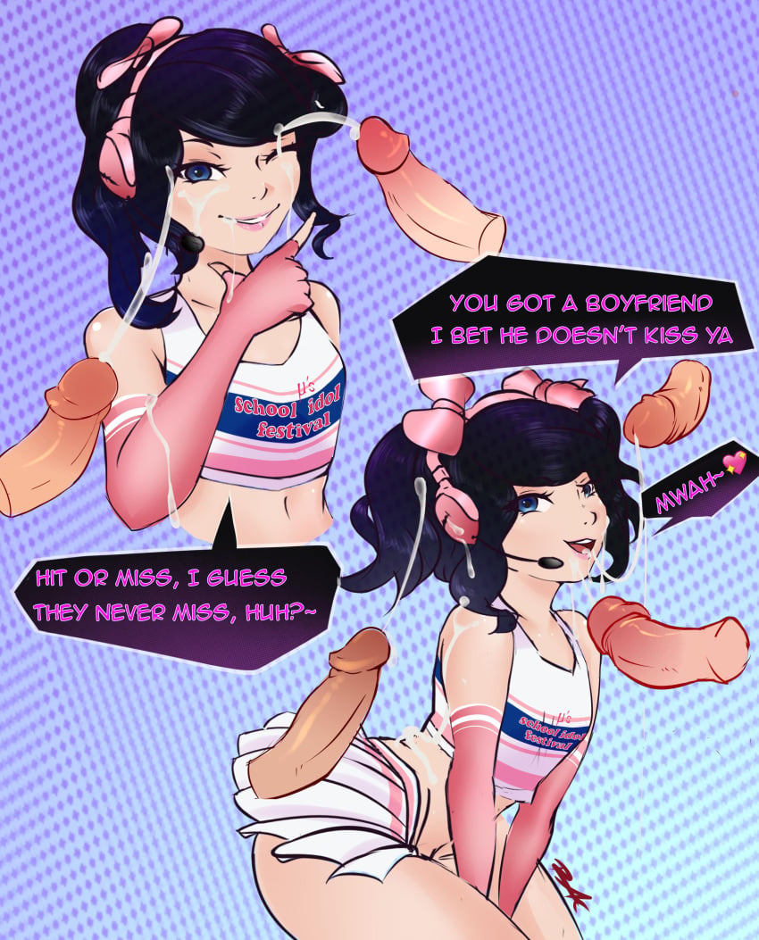 1girls ? abstract_background ass big_penis black_hair blue_eyes bukkake cheerleader cheerleader_uniform clothes_writing cosplay cowboy_shot crop_top cum cum_in_mouth cum_inside cum_on_arm cum_on_clothes cum_on_eye cum_on_face cum_on_hair cum_on_lips cum_on_upper_body cum_string cumdrip dialogue disembodied_penis ejaculation elbow_gloves english_text eyelashes female female_focus fingerless_gloves flat_chest gesture gloves hairbow headgear headset heart highres human lipstick looking_at_viewer love_live! love_live!_school_idol_project meme midriff multiple_penises navel nyannyancosplay penis pink_lipstick pleated_skirt rak shirt signature singing skirt smile solo_focus speech_bubble surrounded text tiktok tiktoker twintails upper_body wink yazawa_nico_(cosplay)