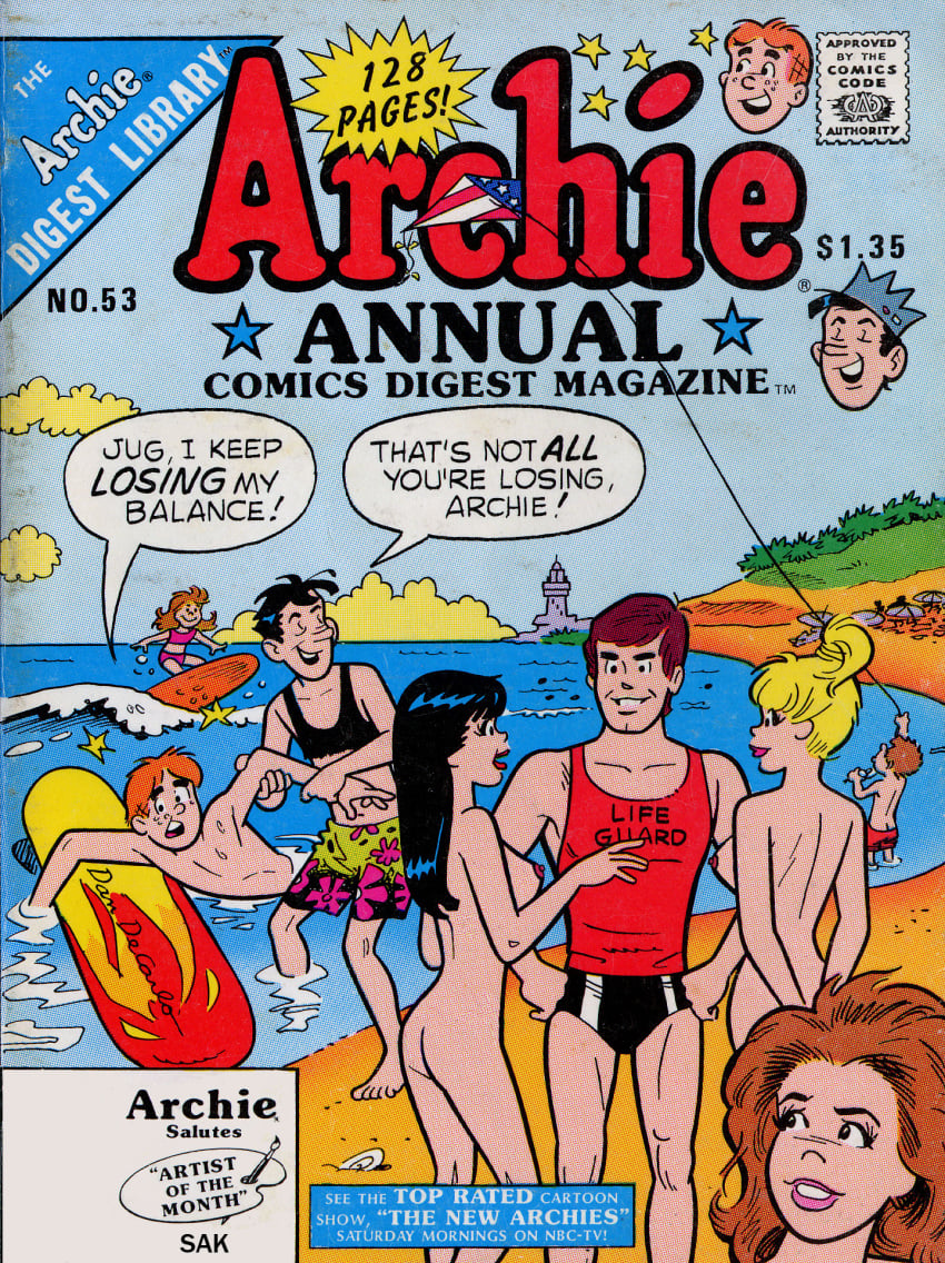 3girls archie_andrews archie_comics ass beach betty_and_veronica betty_cooper black_hair blonde_hair breasts brown_hair jughead_jones multiple_girls nude sak surfing veronica_lodge