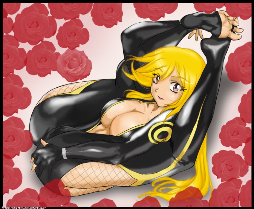 barefoot blonde_hair breasts cameltoe center_opening cleavage clothing eyelashes female kasuga large_breasts legs_over_head legs_up long_hair looking_at_viewer lying_on_back pink_eyes rose sengoku_basara smile solo toeless_legwear translucent_hair xplotter