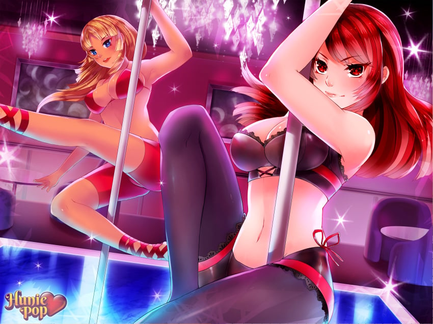 2girls accurate_art_style audrey_belrose big_breasts blonde_hair blue_eyes breasts dancing female female_only hair hourglass_figure huniepop jessie_maye medium_breasts multiple_females pole pole_dancing red_eyes red_hair strip strip_club stripper stripper_pole