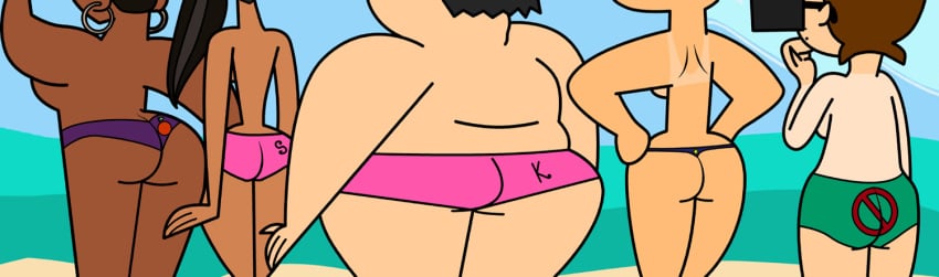 5girls accurate_art_style ass ass_focus beach beth_(tdi) big_ass bikini_bottom chubby_female eva_(tdi) female female_only gemlord katie_(tdi) leshawna_(tdi) multiple_girls rear_view sadie_(tdi) tanline topless total_drama_island