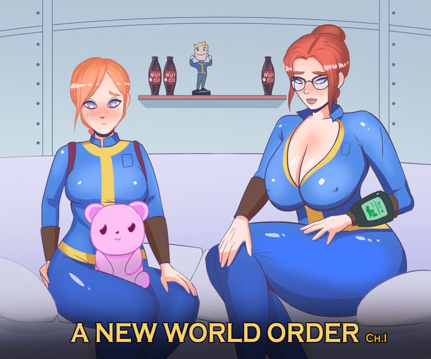 2girls bethesda_softworks big_breasts blue_eyes blush bottle brown_hair cleavage computer electronics eyelashes fallout fallout_4 female_only figure freckles glasses hourglass_figure huge_ass huge_breasts human large_breasts looking_at_viewer orange_hair pip-boy plushie ponytail purple_eyes sitting spokeninreverse teddy_bear text thick_thighs vault_76 vault_dweller vault_girl vault_suit wide_hips wristwear