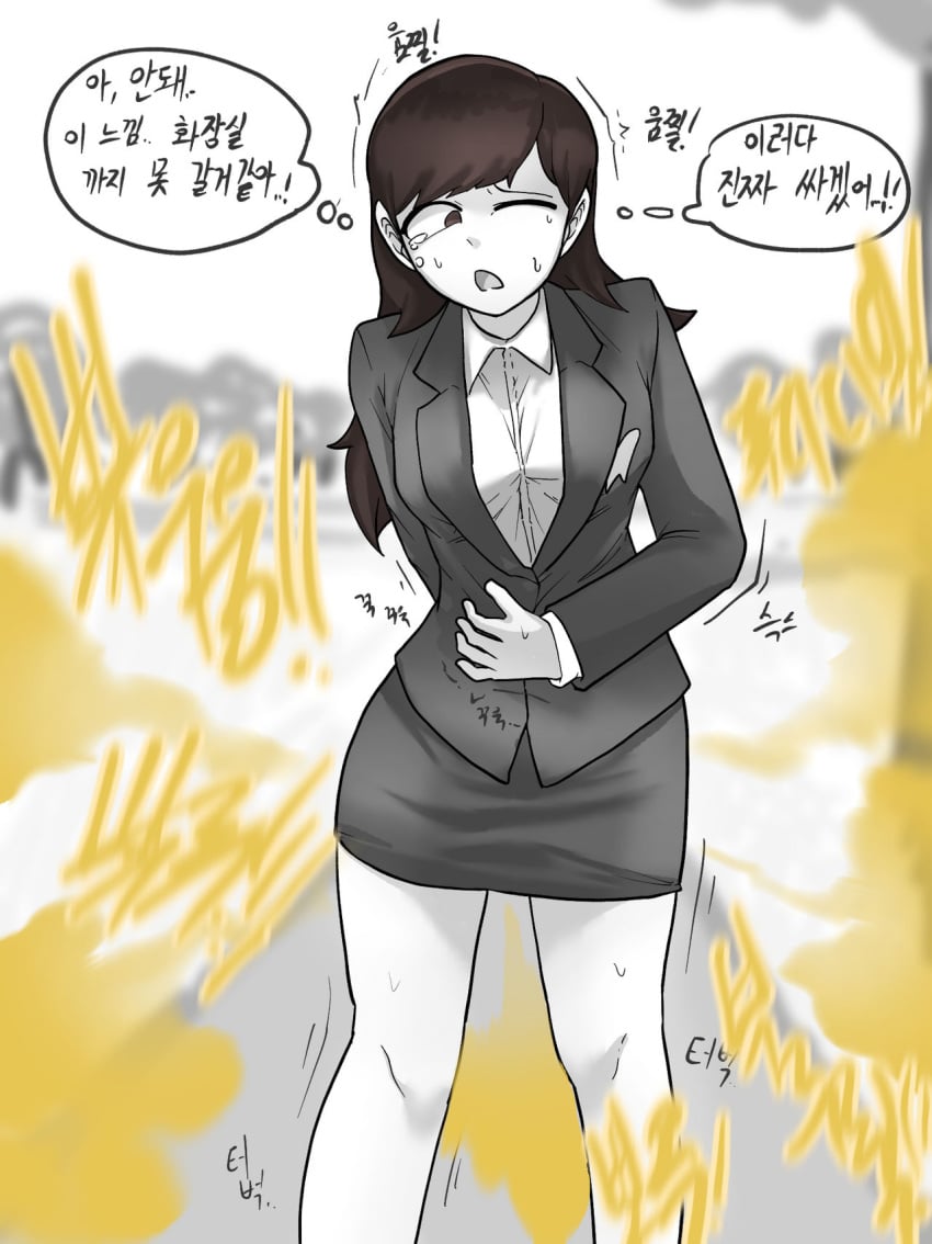 1girls brown_hair fart fart_cloud fart_fetish farting female gasbox hand_on_stomach office_clothing office_lady trembling