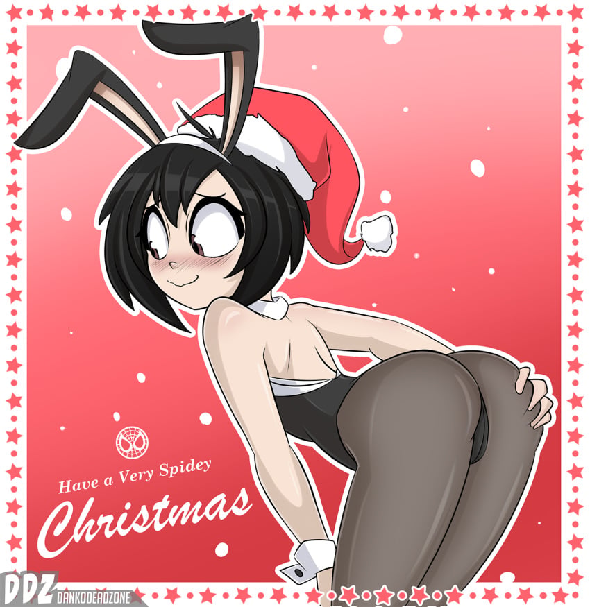 1girls ass bent_over blush breasts bunny_suit bunnysuit christmas clothing dankodeadzone female female_only marvel peni_parker presenting small_breasts solo spider-man:_into_the_spider-verse spider-man_(series) text watermark