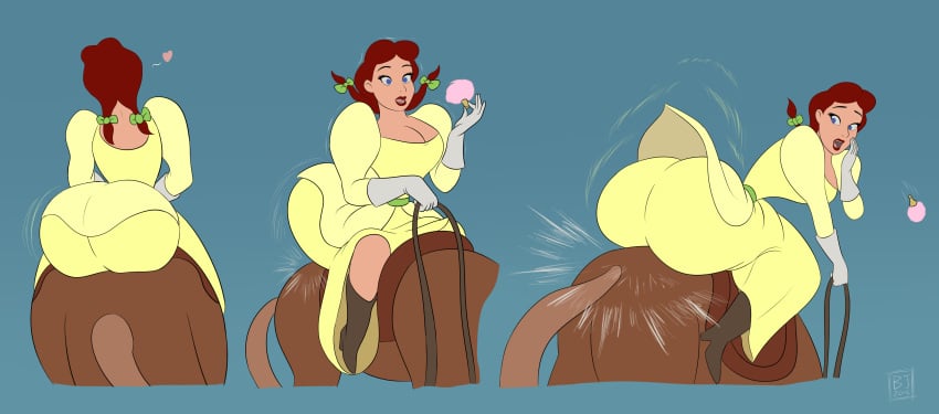 1girls 2018 ass ass_in_dress big_ass big_breasts blue_eyes bootijuse breasts brown_hair cleavage disney dress heart horse huge_ass makeup_brush melody_time pigtails red_hair saddle slue-foot_sue solo surprised