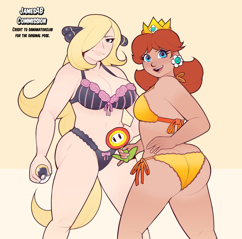 2018 2girls ass big_ass blonde_hair blue_eyes breasts cleavage commission crossover crown cynthia_(pokemon) duo earrings female female_only fire_flower grey_eyes hair_over_one_eye human jamesab jewelry large_breasts lingerie long_hair looking_at_viewer looking_back mario_(series) multiple_girls nintendo poke_ball pokemon power_up princess_daisy red_hair short_hair simple_background smile standing super_mario_bros. tan tanline thick_thighs thighs voluptuous