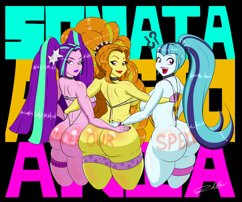 3girls ? absurdres adagio_dazzle albertbm aqua_hair aria_blaze arm_around_waist ass ass_writing back_view bangs big_hair bikini body_writing bracelet breasts bubble_ass bubble_butt character_name choker cowboy_shot dat_ass edit english_text equestria_girls eyelashes fangs female female_only fingerless_gloves fishnets friendship_is_magic gloves green_hair hair_ornament hand_on_ass highres huge_ass huge_breasts humanoid large_breasts legband lipstick long_hair looking_at_viewer looking_away looking_back multiple_girls my_little_pony open_smile orange_hair pink_lipstick pink_skin ponytail purple_eyes purple_hair purple_lipstick rainbow_rocks red_lipstick shiny_skin sideboob sidelocks signature skimpy sling_bikini smile sonata_dusk spiked_bracelet spikes text thick_thighs trio twintails two_tone_hair very_long_hair voluptuous white_skin wide_hips yellow_skin