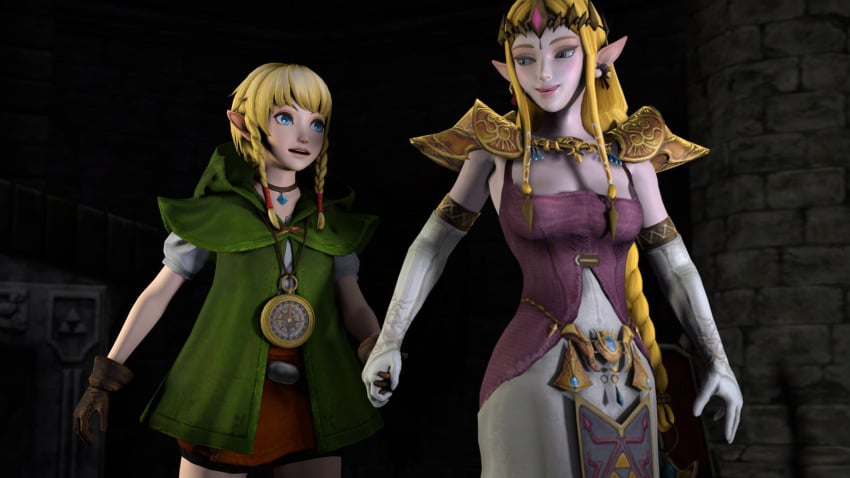 2girls 3d 3dhentaihero boots clothing compass female footwear gloves handwear hylian hyrule_warriors hyrule_warriors_definitive_edition linkle nintendo princess_zelda the_legend_of_zelda yuri zelda_(hyrule_warriors)