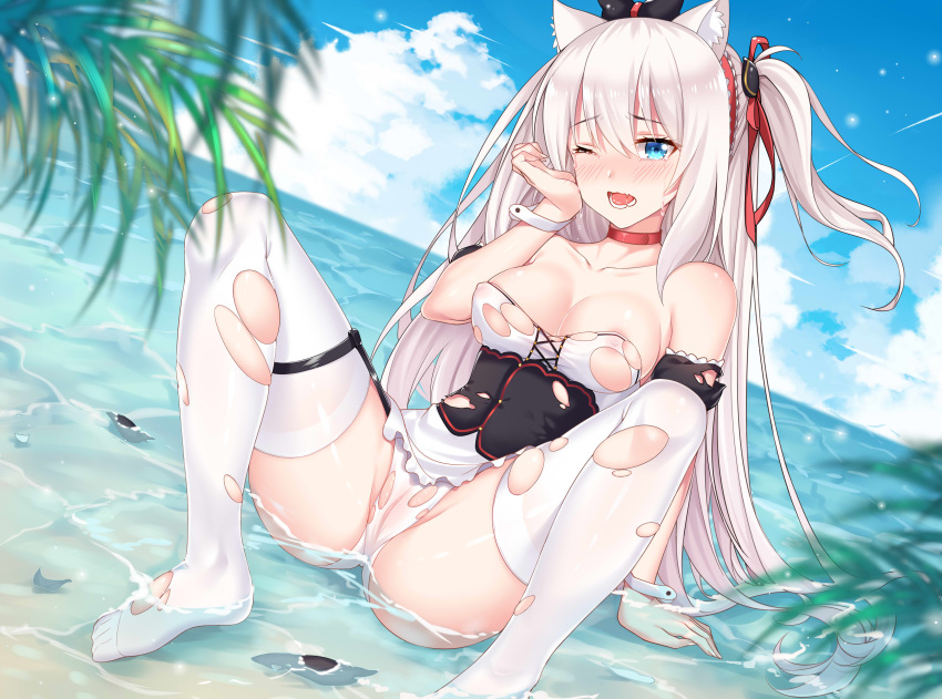 animal_ears areola azur_lane cameltoe hammann_(azur_lane) heishan see-through torn_clothes