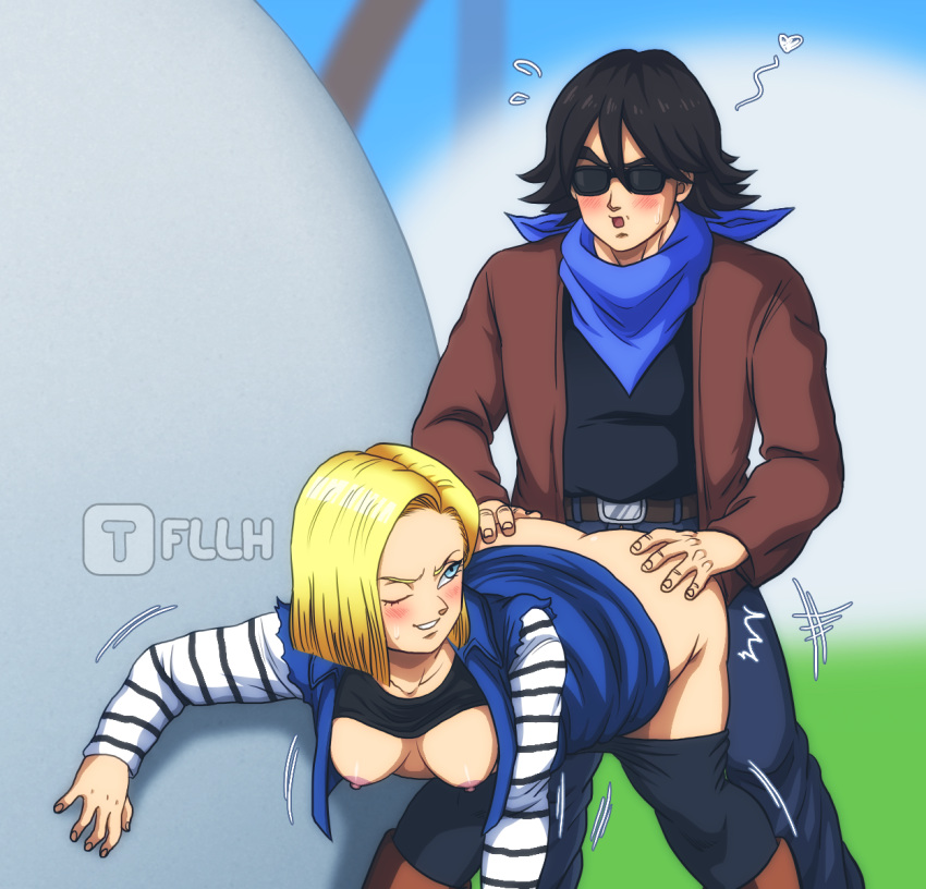 1girls android_18 bent_over breasts clothed_sex doggy_style dragon_ball dragon_ball_xenoverse female from_behind_position furipa hands_on_ass large_ass oc oc_x_canon original_character stealth_sex straight