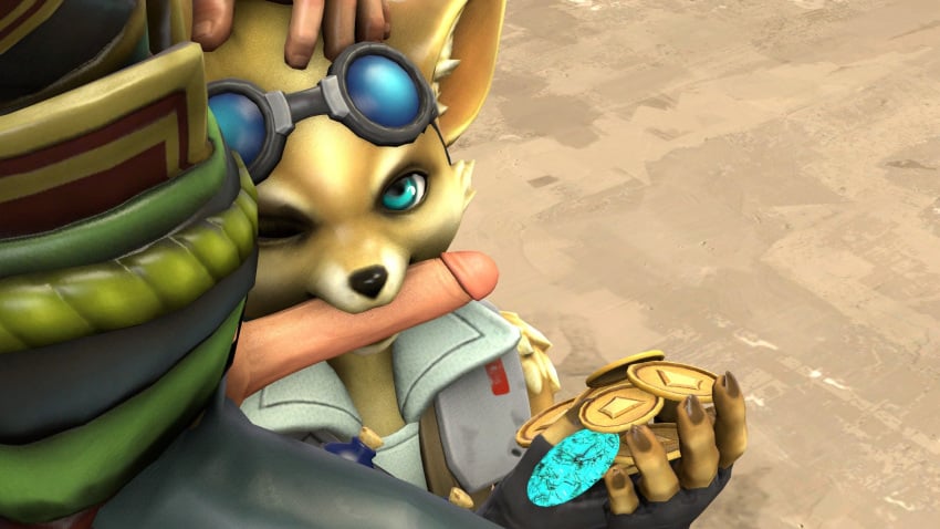 2019 3d anthro blue_eyes canine clothed clothing coin crystal duo eyewear fennec fox fur gil_the_mute gloves goggles hand_on_head human human_on_anthro interspecies male mammal one_eye_closed oral paladins penis pip_(paladins) sex source_filmmaker yaoi yellow_fur zhin_(paladins)