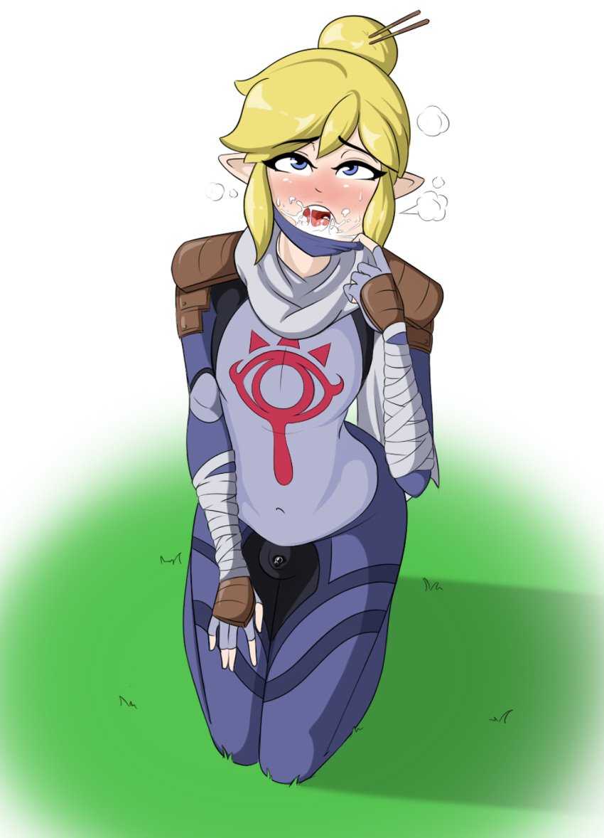 1boy alternate_costume alternate_hairstyle androgynous balls blonde blonde_hair blue_eyes blush blushing bodysuit breath breath_of_the_wild bulge canon_crossdressing clothing crossdressing cum cum_in_mouth cum_on_face embarrassed eyelashes femboy flaccid fully_clothed girly grass hair_bun hairpin heavy_breathing highres hylian kneeling link link_(breath_of_the_wild) looking_at_viewer male male_only mask mask_removed navel penis penis_in_bodysuit penis_under_clothes pointy_ears precum precum_through_clothing sealguy sheikah_link short_hair sissy sissyfication small_balls small_penis small_testicles solo stealth_chest_guard stealth_mask stealth_tights steamy_breath sweat testicles the_legend_of_zelda video_game video_games white_background