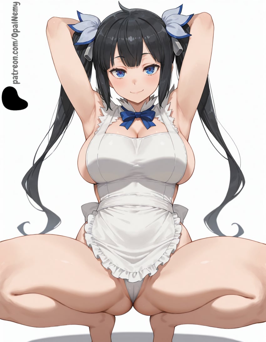 1girls ai_generated apron armpits arms_behind_head ass bangs bare_legs black_hair blue_eyes blue_ribbon blush breasts cameltoe curvy dungeon_ni_deai_wo_motomeru_no_wa_machigatteiru_darou_ka eyebrows_visible_through_hair female hair_ornament hestia_(danmachi) hi_res high_quality high_resolution highres huge_breasts large_breasts legs light light_blush light_smile lips long_hair looking_at_viewer maid maid_apron nose opal_nemy panties patreon patreon_logo patreon_url patreon_username plain_background presenting_armpit ribbon self_upload shadow shiny shiny_hair shiny_skin simple_background smile solo squatting thick_thighs thighs twintails watermark white_apron white_background white_panties