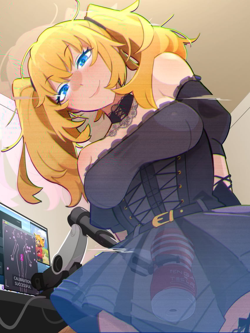 2025 ai ani_(twitter) auto_masturbator big_breasts blonde_female blonde_hair blue_eyes breasts comedic comedy computer computer_monitor female funny goth gothic grok_(x) grok_(xai) hologram imminent_masturbation khyleri looking_at_viewer meme onahole sex_toy smile smiling smiling_at_viewer thick_thighs twitter twitter_link twitter_username