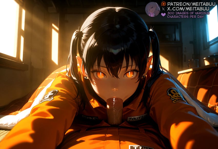 1boy ai_generated back black_hair blush cowgirl_position cup day ear_piercing earrings enen_no_shouboutai erection fellatio female hair_between_eyes indoors jacket jewelry kotatsu kotatsu_tamaki light_rays long_hair long_sleeves looking_at_viewer lying lying_on_person male_pubic_hair meitabuu on_stomach open_fly oral orange_eyes orange_jacket penis penis_out piercing pov pov_crotch saliva solo_focus stealth_sex straight sunbeam sunlight table television twintails uncensored under_kotatsu under_the_table veins veiny_penis window