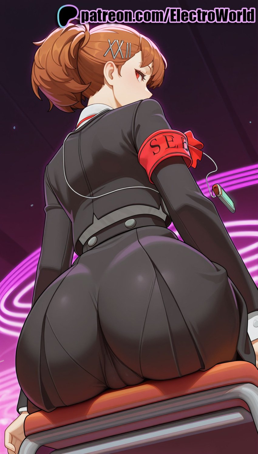 1girls 2025 ai_generated armband artist_name ass electroworld female from_behind hair_ornament hairclip hi_res high_quality high_resolution highres kotone_shiomi pantylines patreon patreon_username persona persona_3 sitting solo stable_diffusion watermark