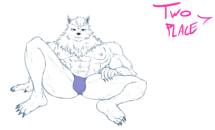 anthro anus balls canine erection feet fluffy fur humanoid_penis kyr lying male male_only mammal muscular neck_tuft nipples nude penis pink_nipples place presenting simple_background smile solo spread_legs spreading tuft twoplace white_background white_fur wolf