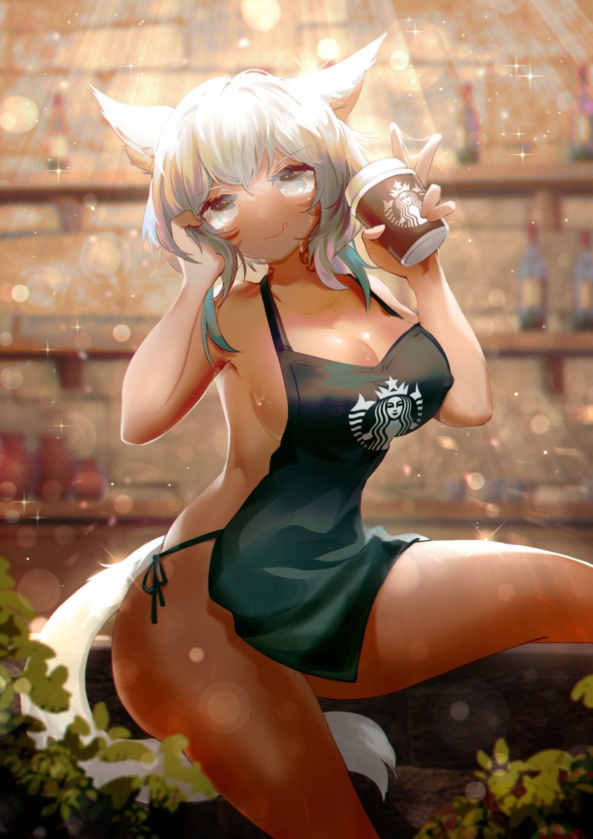 apron apron_only cat_ears cat_tail dark-skinned_female dark_skin female fenrishion final_fantasy_xiv looking_at_viewer miqo'te starbucks_meme tagme tail voluptuous white_hair y'shtola