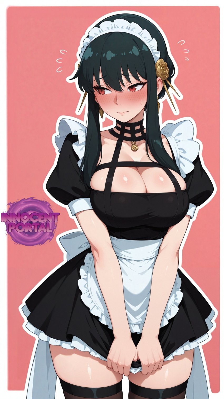 1girls ai_generated big_breasts big_breasts big_breasts black_hair black_thighhighs blush blush blush_lines breasts breasts breasts busty busty_female cleavage dark_hair earrings female female female_focus female_only girl gold_(metal) gold_earrings gold_hair_ornament hair_ornament innocentportal jorgecarlosai long_hair looking_away maid maid_apron maid_headdress maid_outfit maid_uniform mature_female milf mommy mommy_kink pendant pulling_skirt red_eyes simple_background skirt skirt_tug spy_x_family thigh_highs thighhighs thighs tugging_clothing watermark yor_briar