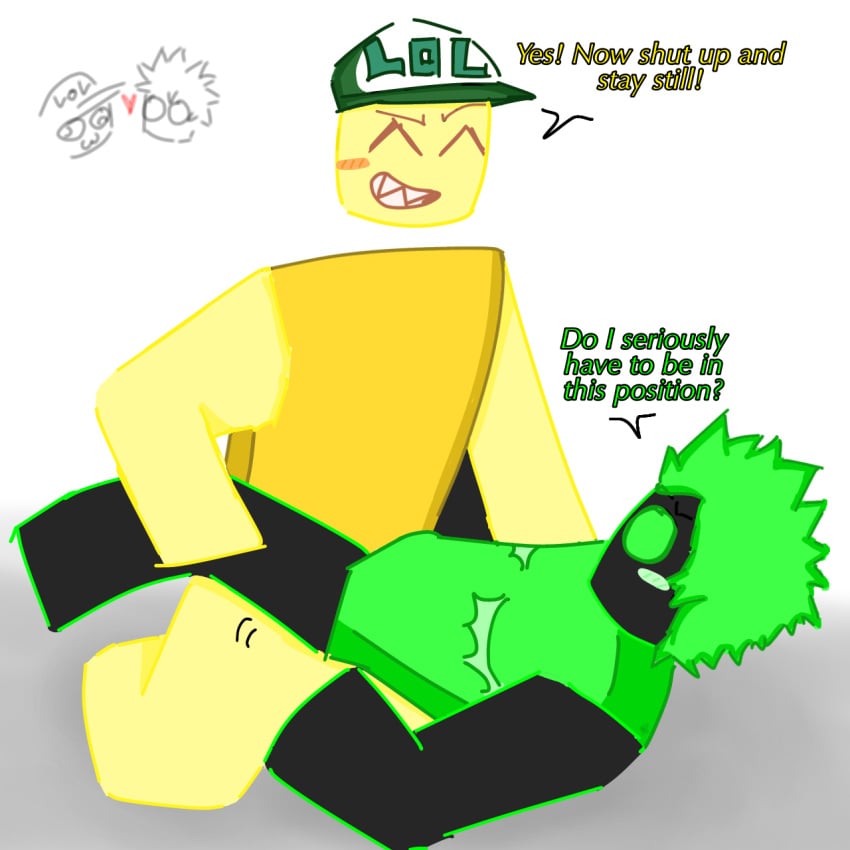 albertsstuff black_body blocky_body blue_lotus dialogue english_text flamingo_(youtuber) green_eyes green_hair hat jayingee mischievous mischievous_smile no_pants no_sex roblox roblox_avatar roblox_youtuber robloxian scars scars_on_chest seductive seductive_pose suggestive suggestive_pose text trans_man unsure yellow_body youtube youtuber
