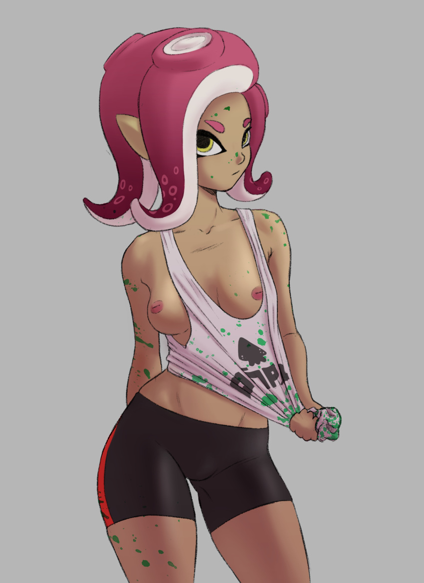 animal_humanoid areolae breasts cephalopod cephalopod_humanoid clothing exposed_breasts female female_only hair nintendo nipples octoling pechi shirt shirt_pull shorts small_breasts solo splatoon splatoon_2 tentacle tentacle_hair video_games