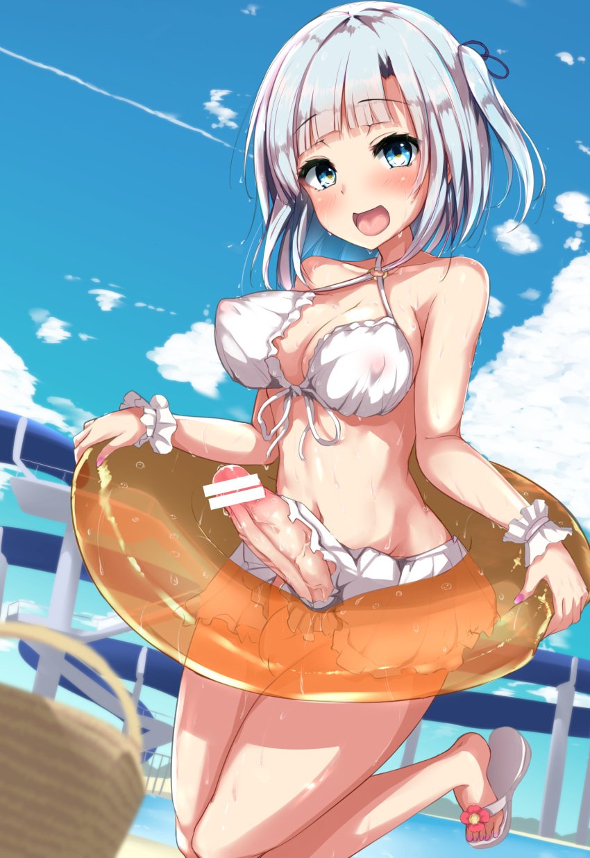 1futa :d absurdres akiamare bangs bar_censor basket beach bikini bikini_skirt blue_eyes blunt_bangs blush breasts censored cloud collarbone condensation_trail day erection eyebrows_visible_through_hair front-tie_bikini front-tie_top futa_only futanari halter_top halterneck highres innertube intersex large_breasts looking_at_viewer nail_polish navel o-ring o-ring_bikini o-ring_top open_mouth open_toe_shoes original outdoors penis pink_nails see-through short_hair skirt sky slippers smile solo solo_futa standing standing_on_one_leg swimsuit testicles toenail_polish transparent two_side_up veins veiny_penis wet white_bikini white_hair white_skirt wristband