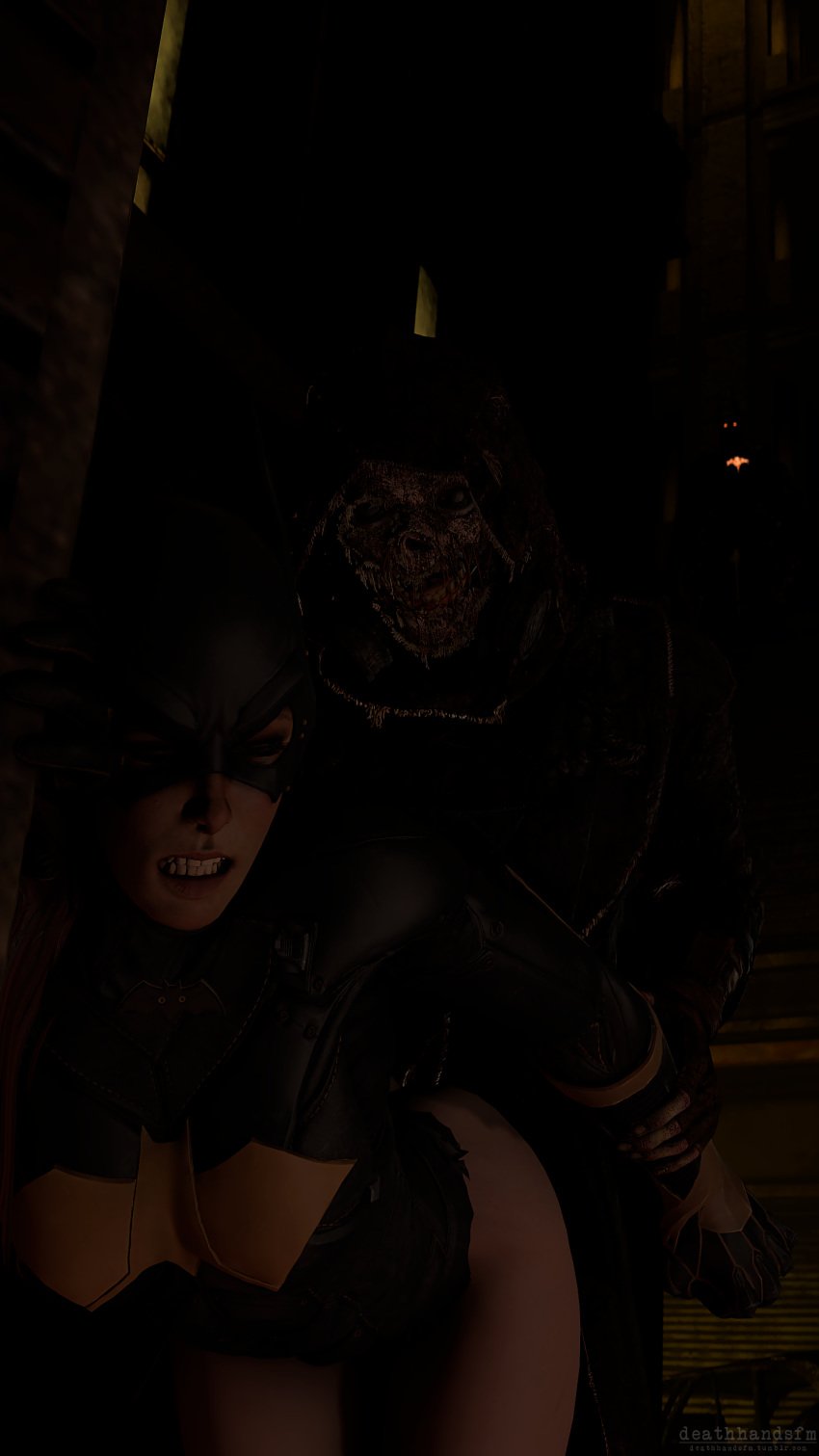 2boys 3d barbara_gordon batgirl batgirl_(arkham_knight) batman:_arkham_knight batman_(series) closed_eyes dark_image dc dc_comics deathhandsfm female jonathan_crane partially_clothed rape red_hair scarecrow_(dc)