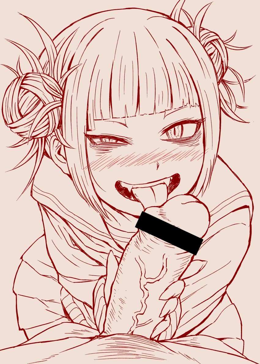 1boy 1girls 4shi bags_under_eyes bangs bimbo blunt_bangs blush double_bun fangs fellatio female fingernails hair_bun half-closed_eye half-closed_eyes handjob himiko_toga huge_cock human licking long_sleeves looking_at_viewer male_pov monochrome my_hero_academia nude oral penis pink_background pleated_skirt pov pov_crotch pubic_hair red sharp_fingernails short_hair simple_background skirt slit_pupils smile source_request straight sweater teenager teeth tongue tongue_out veins veiny_penis