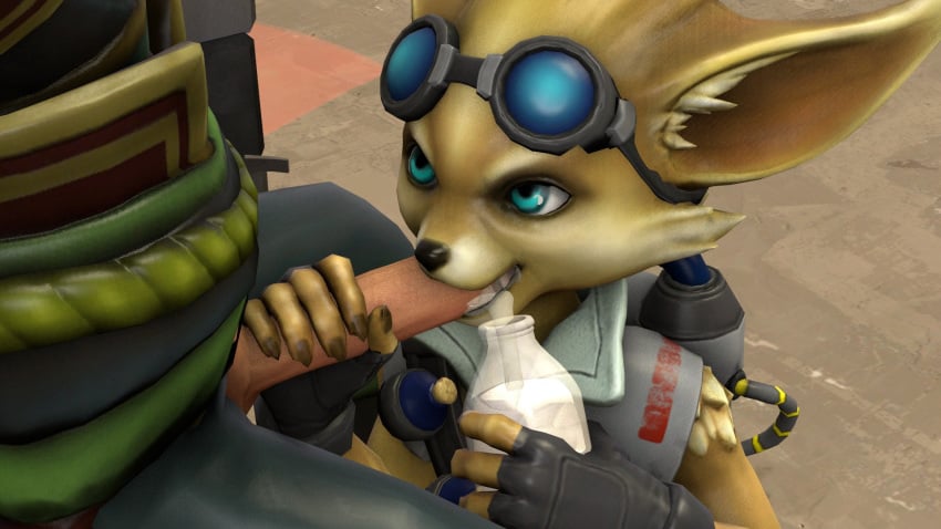 2019 3d anthro blue_eyes bottle canine clothed clothing cum cum_in_mouth cum_inside duo eyewear fellatio fennec fox fur gil_the_mute gloves goggles human human_on_anthro interspecies male mammal oral paladins penis pip_(paladins) sex source_filmmaker yaoi yellow_fur zhin_(paladins)