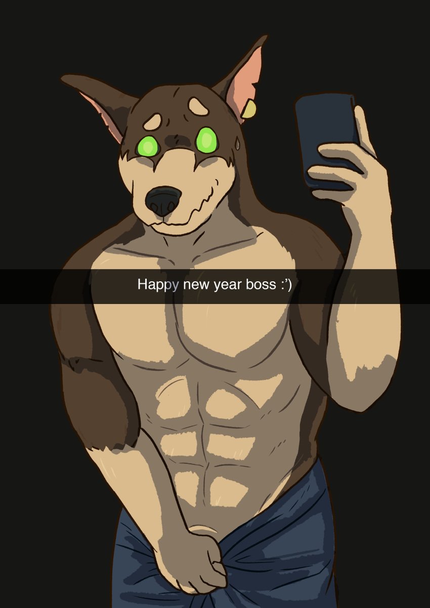 abs bxhrd canine clothed clothing doberman embarrassed glowing glowing_eyes male male_only mammal muscular muscular_male pecs penis penis_base phone selfie snapchat solo tokyo_afterschool_summoners topless video_games xolotl