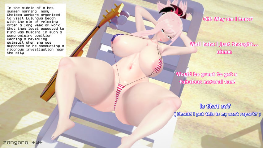 1girls 3d american_flag_bikini areolae armpits arms_behind_head barefoot beach big_breasts big_thighs bikini blush breasts busty english_text fate/grand_order fate_(series) female female_only gigantic_thighs huge_breasts huge_thighs koikatsu large_breasts large_thighs laying_down massive_thighs miyamoto_musashi_(fate) navel sling_bikini slingshot_swimsuit swimsuit thick_thighs thighs voluptuous zangoro